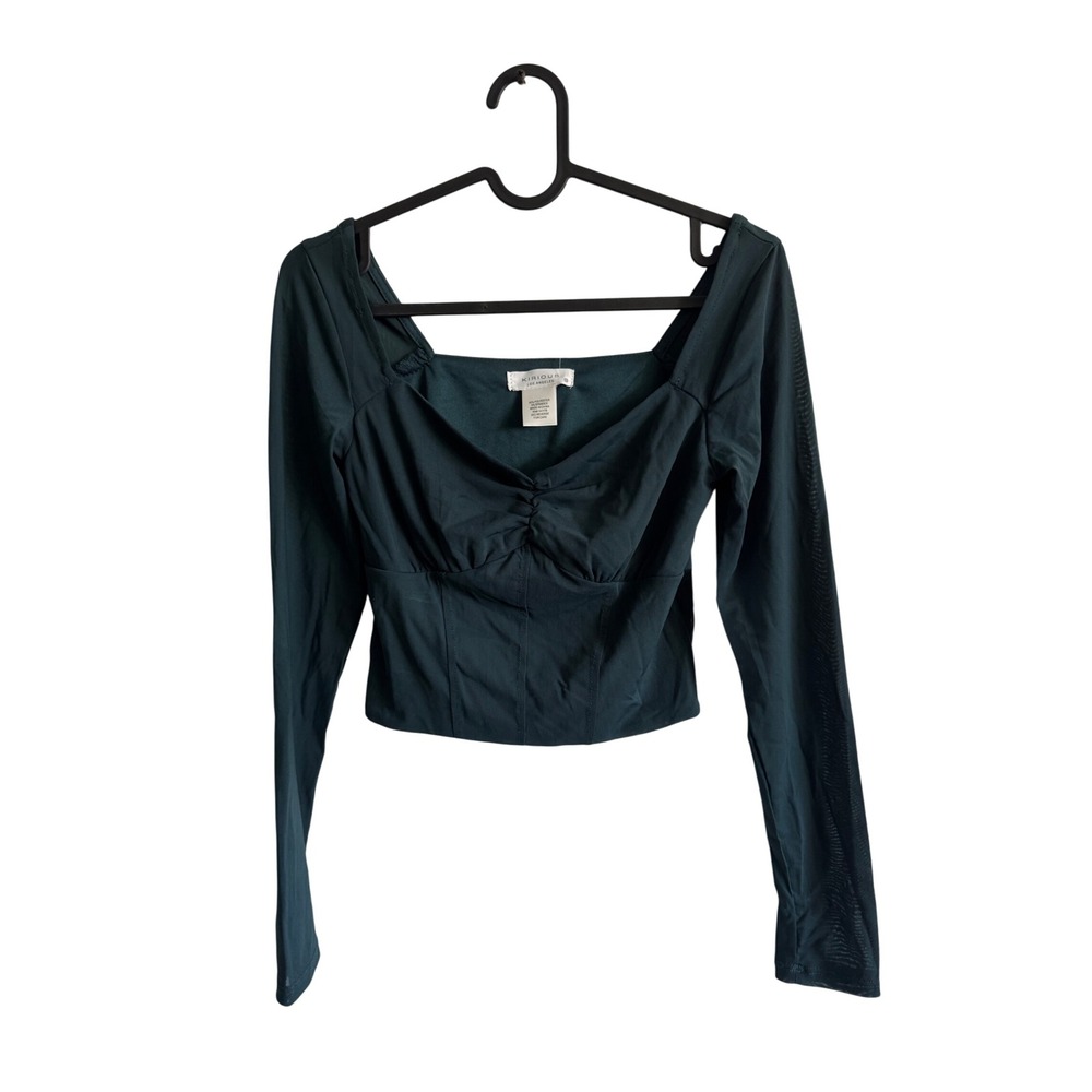 KIRIOUS LOS ANGELES Ruched Sweetheart Neckline Mesh Sleeve Crop Top